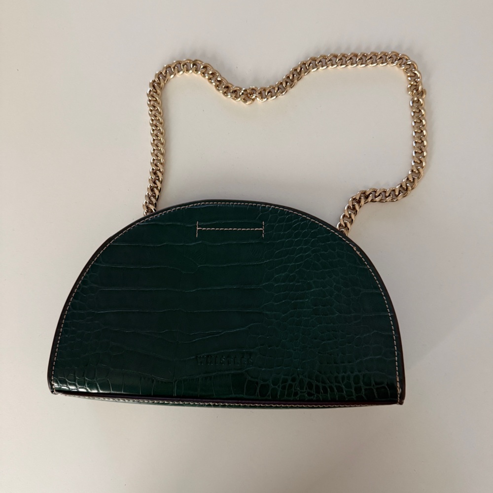 Green Croc-Embossed Half-Moon Chain Shoulder Bag